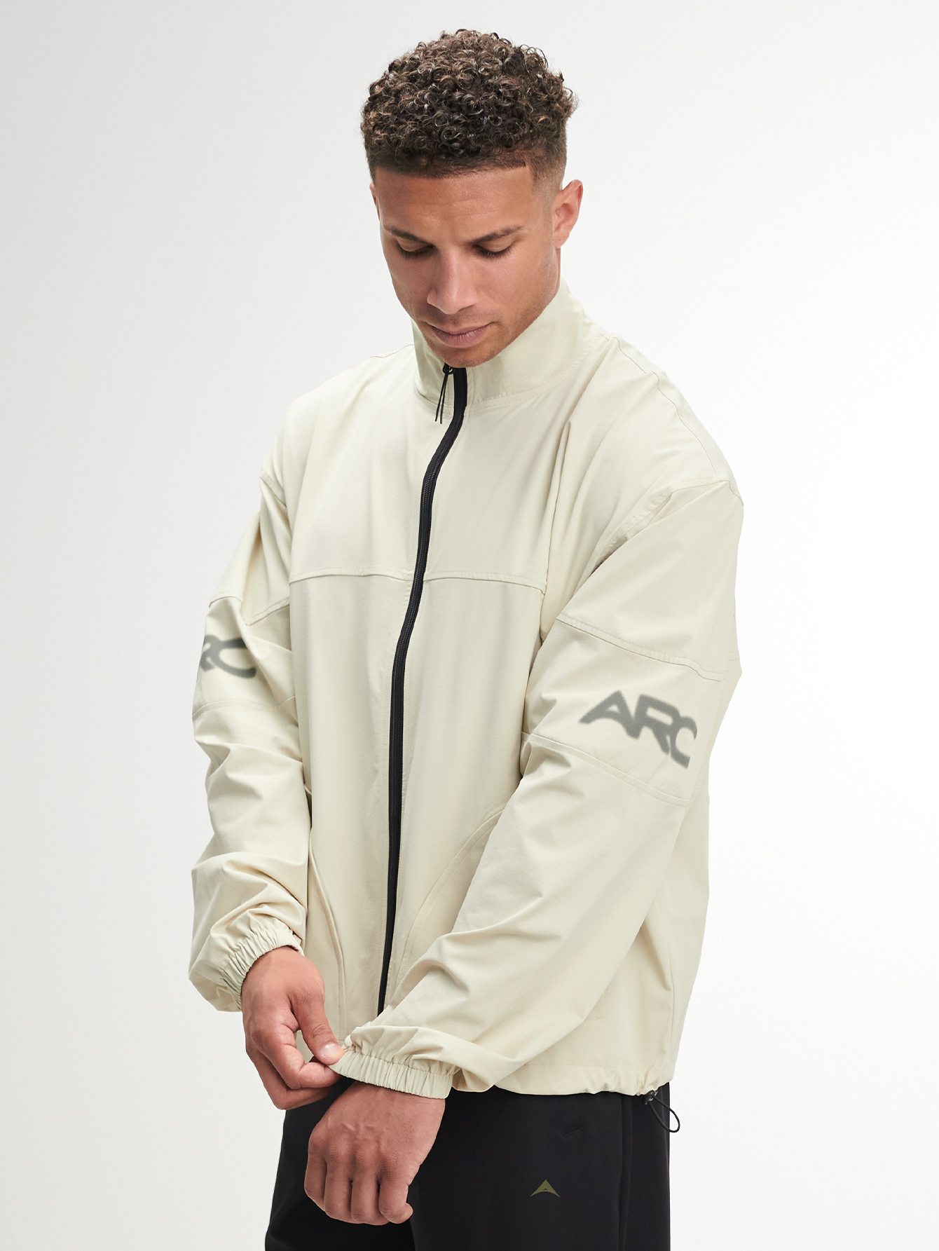 Men's Letter Print Long Sleeve Zip Front Jacket, Beige