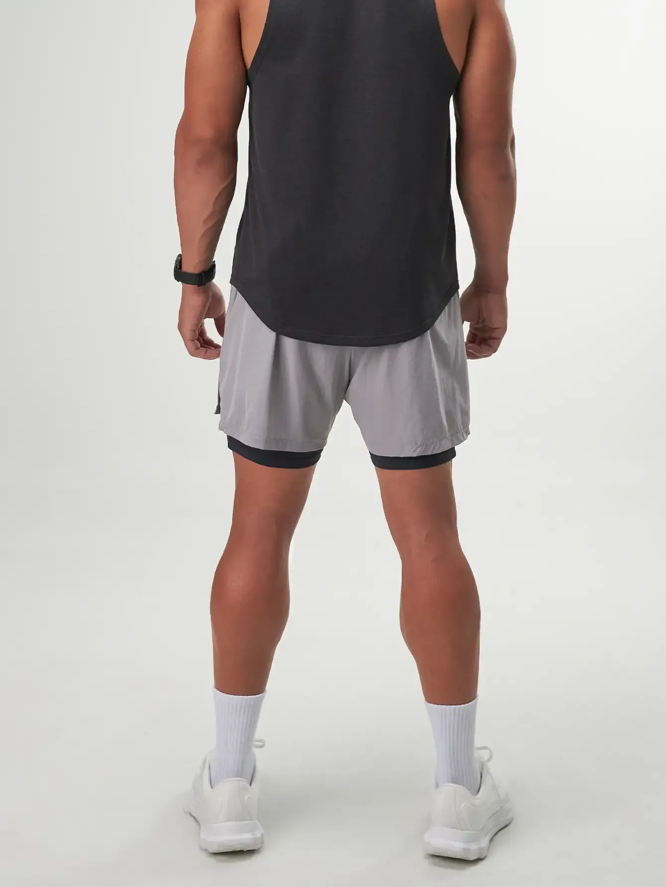 Grey 5" 2-in-1 shorts for men, featuring breathable fabric and a comfortable fit for active lifestyles.