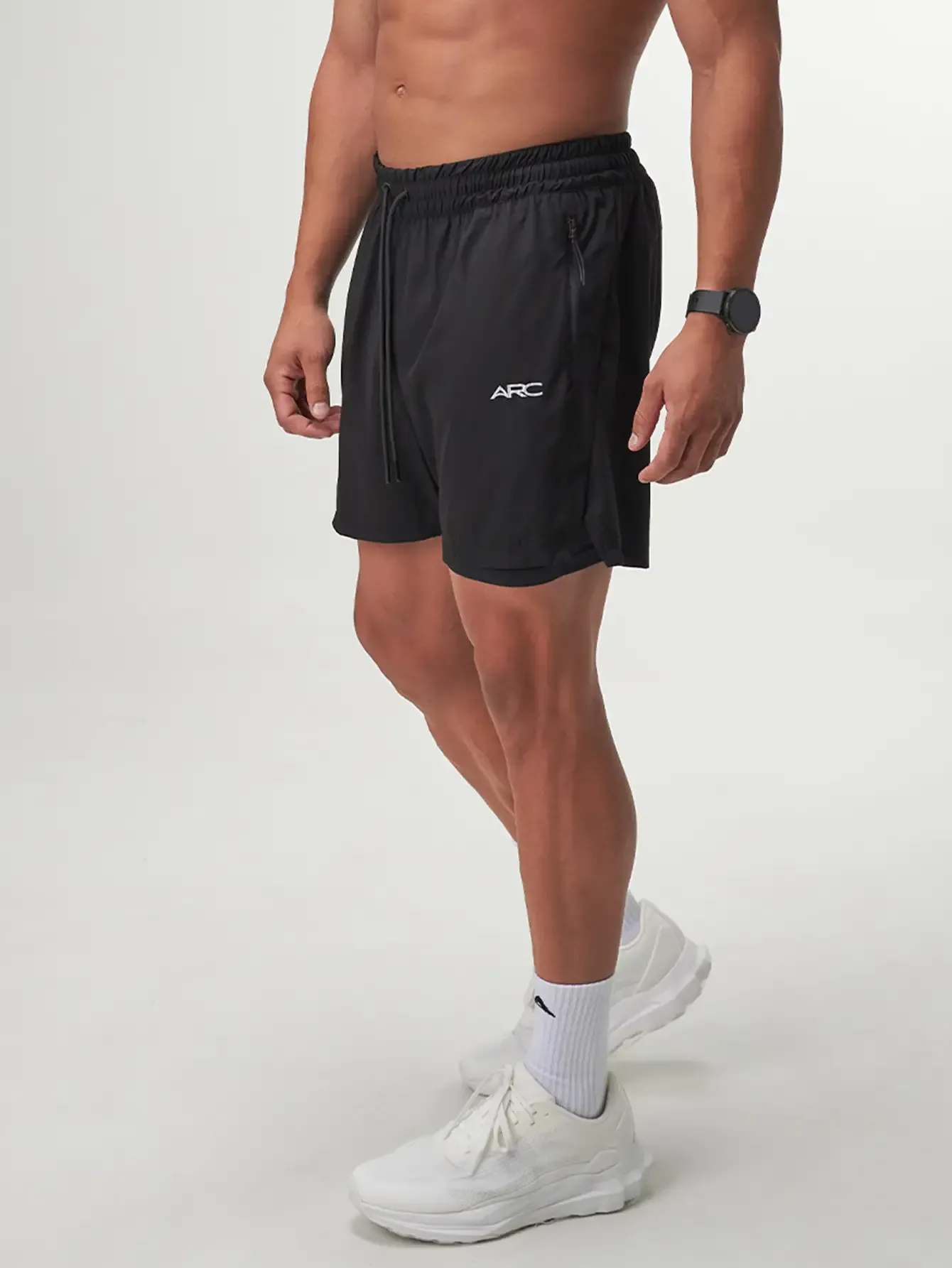 Flow Form 5" 2-in-1 Black Shorts for running, basketball, and gym workouts; quick-dry, athletic fit for optimal performance.