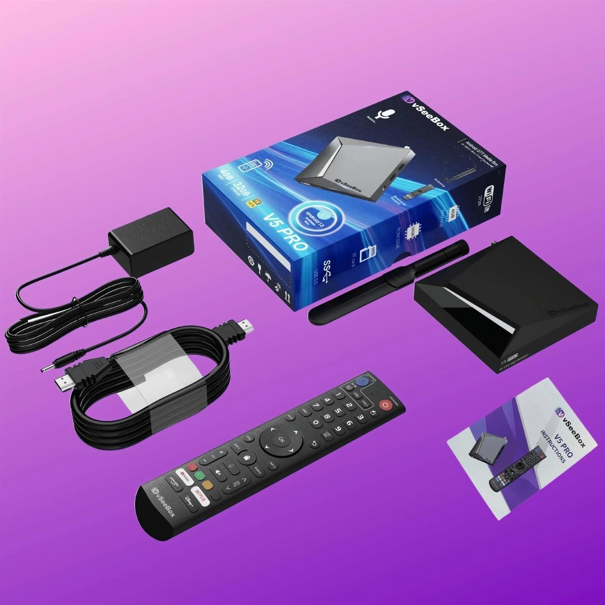 vSeeBox V5 Pro Android TV box packaging, which contains a V3 Pro, a power supply, an HDMI cable, a Bluetooth remote control and an instruction manual