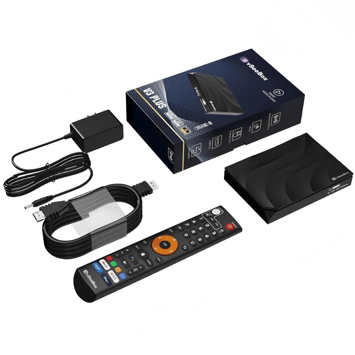 vSeeBox V3 Plus Android TV box packaging, which contains a V3 Pro, a power supply, an HDMI cable and a Bluetooth remote control