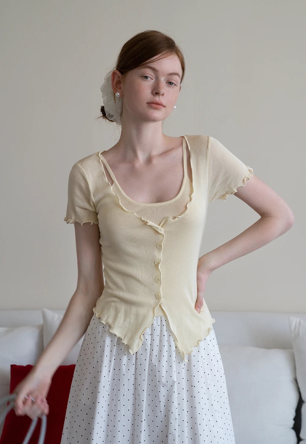 Women’s Ruffle Hem Button Down Knit Top
