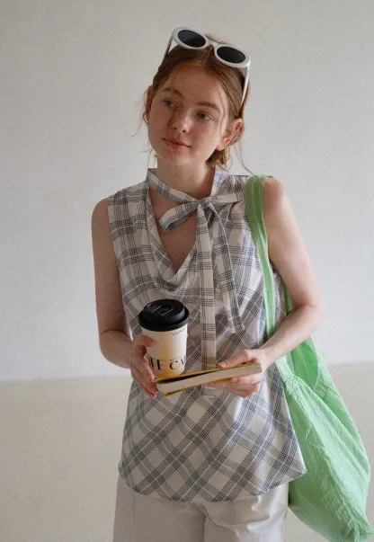 Plaid Bow Sleeveless Top