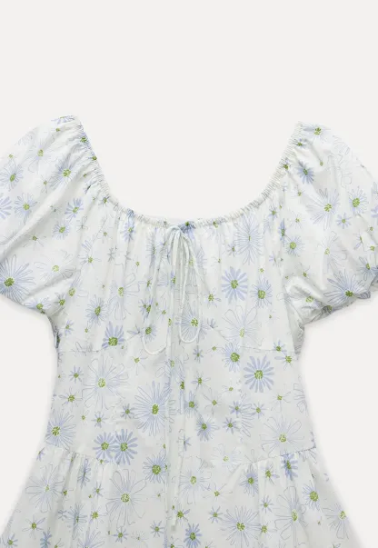 Square Neck Puff Sleeve Daisy Print Dress
