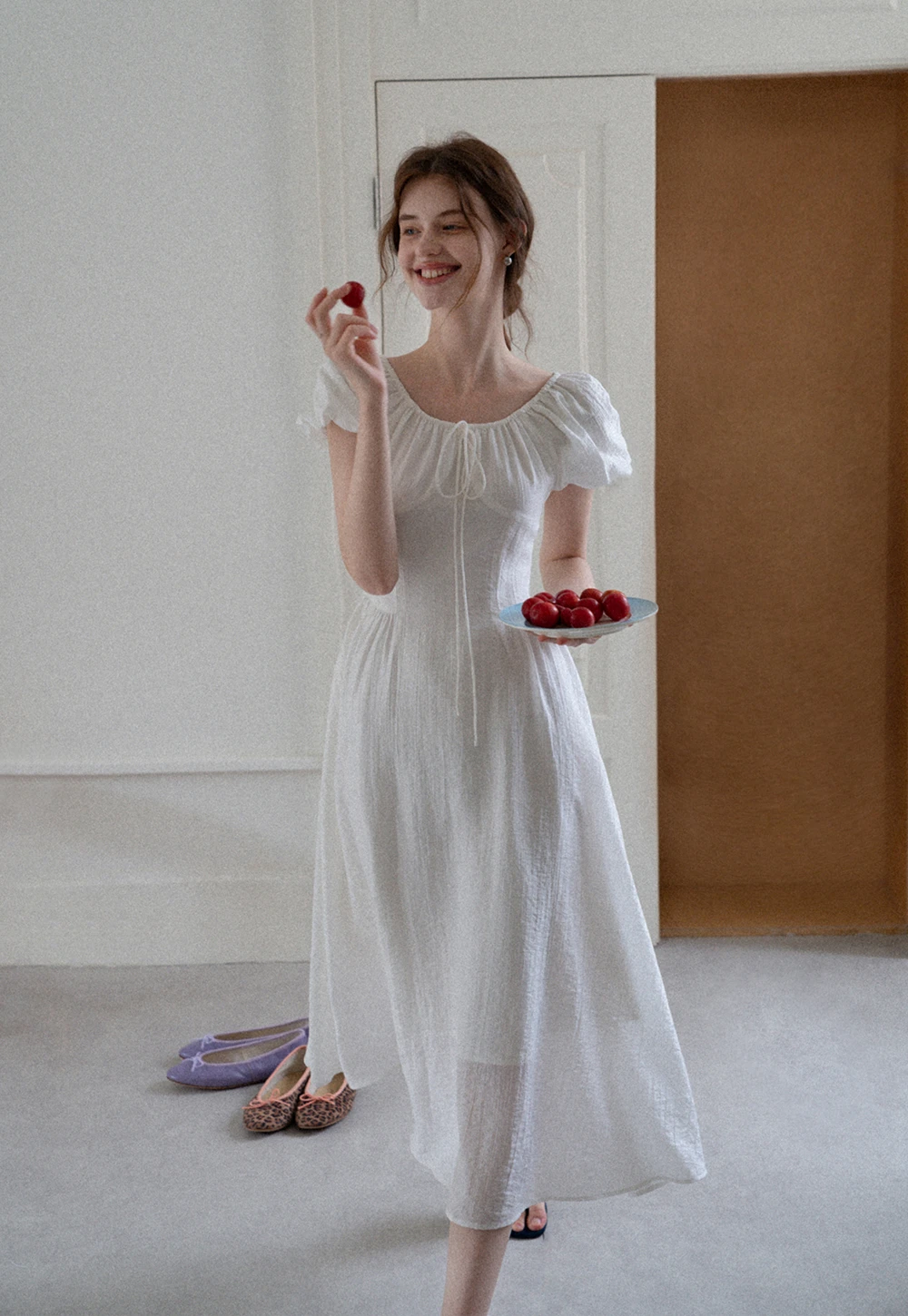 White Puff Sleeve Cottagecore Midi Dress
