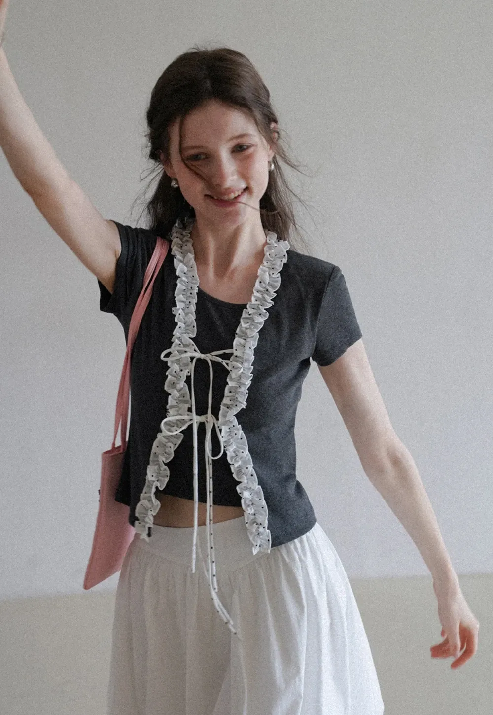 Short Sleeve Ruffle Crop Top with Bow Detail