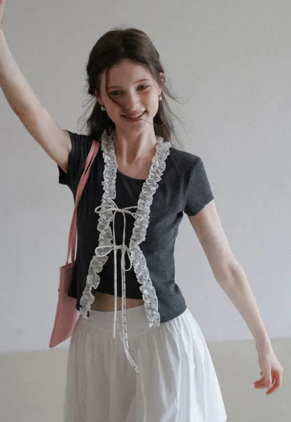 Short Sleeve Ruffle Crop Top with Bow Detail