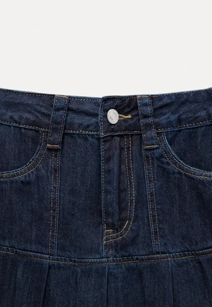 Women’s Pleated Denim Mini Skirt with Lace Trim