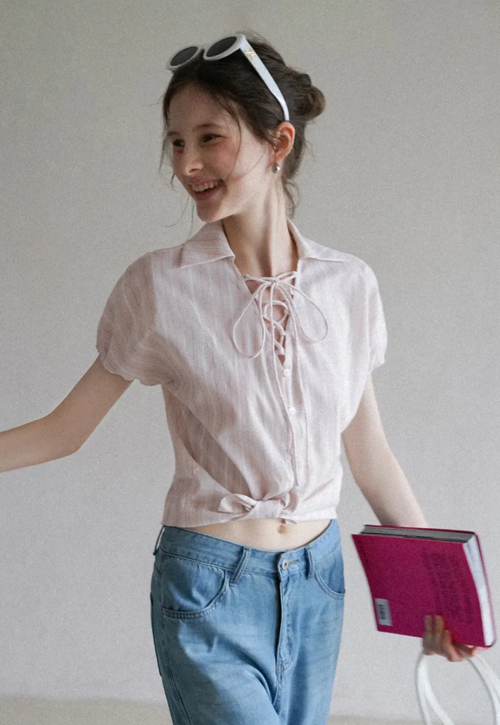 Striped Short Sleeve Blouse with Lace-Up Neck