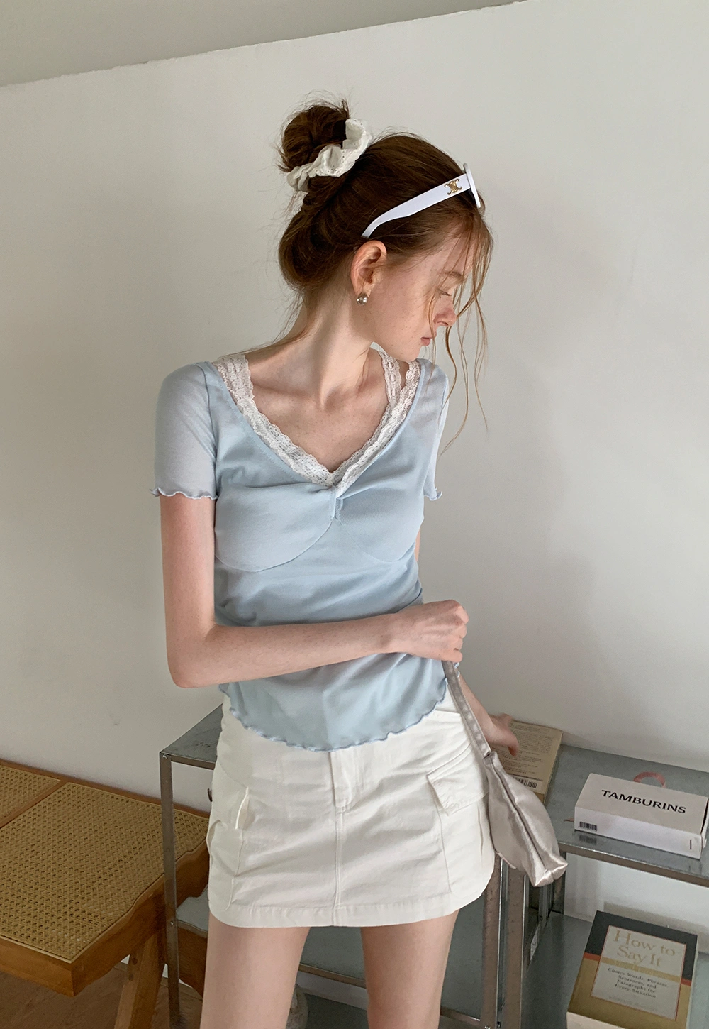 Women's Lace Trim Twist Front Short Sleeve Top