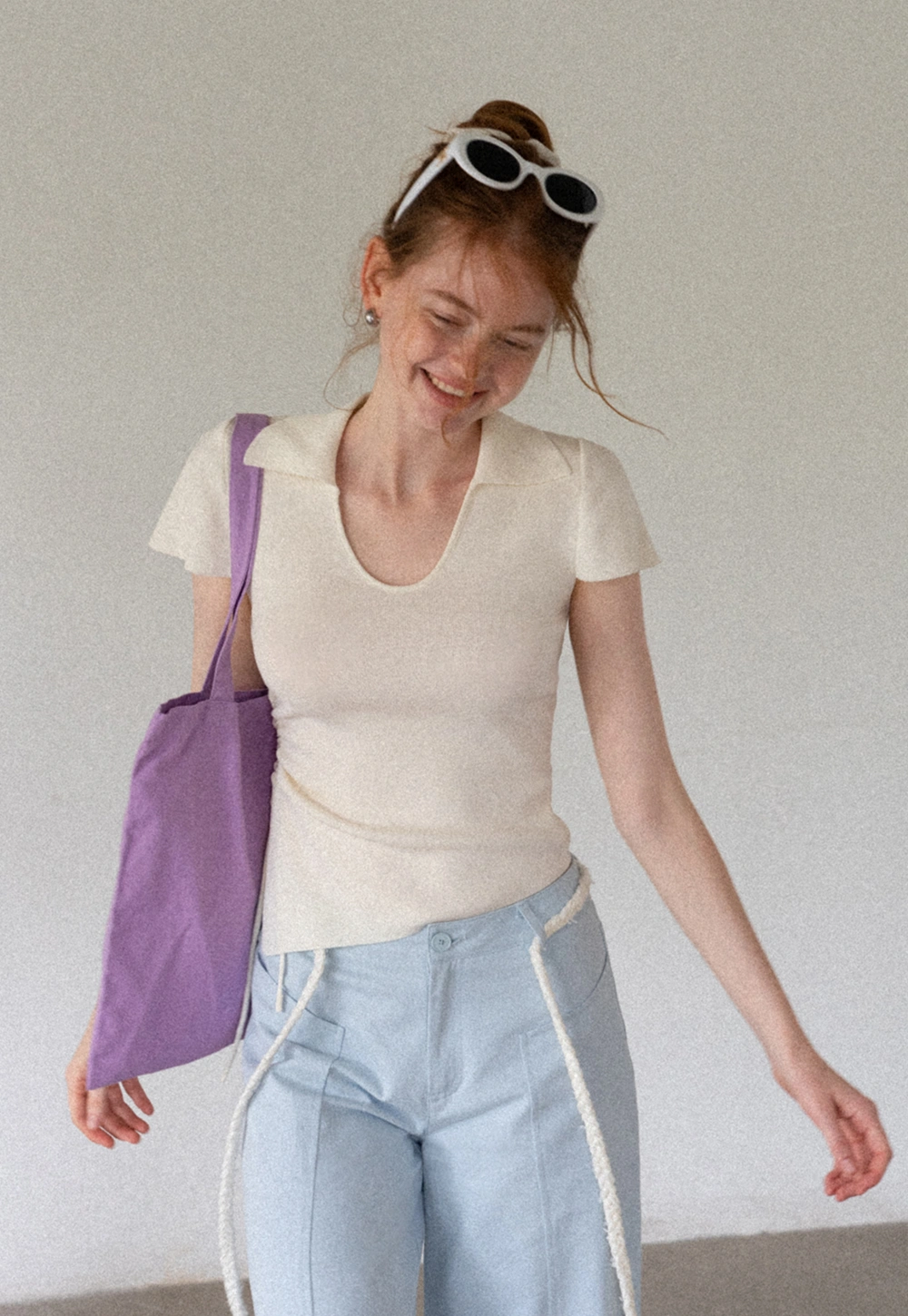 Women's Collared V Neck Knit Top with Side Drawstring