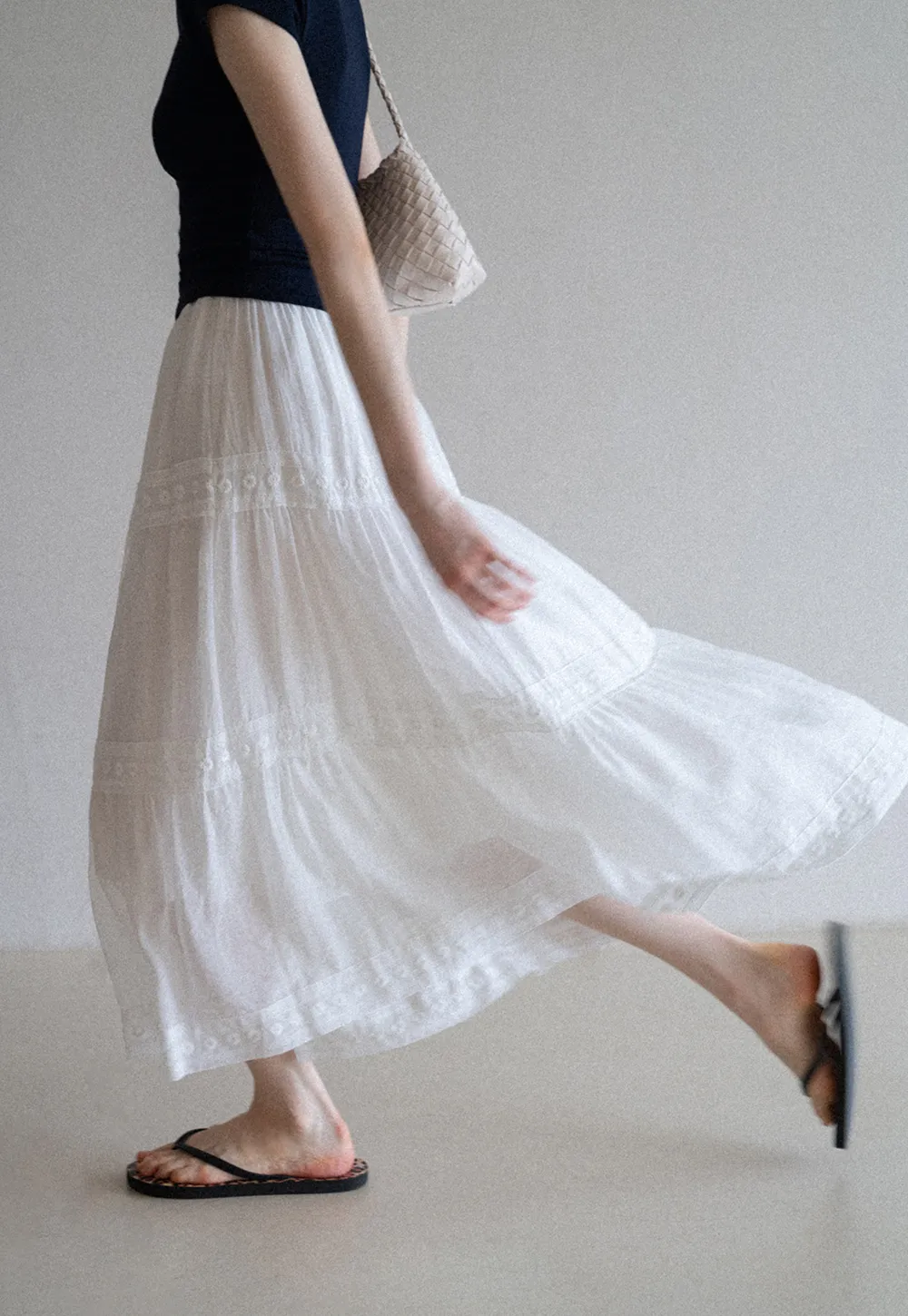 Tiered Embroidered Midi Skirt