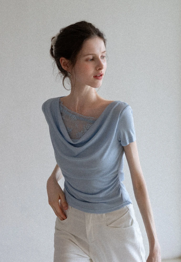 Women’s Cowl Neck Lace-Back Ruched Tee