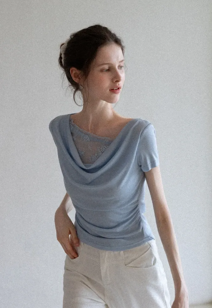 Women’s Cowl Neck Lace-Back Ruched Tee
