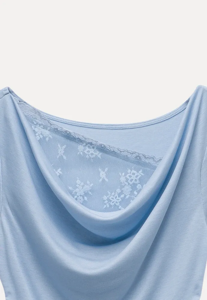 Women’s Cowl Neck Lace-Back Ruched Tee