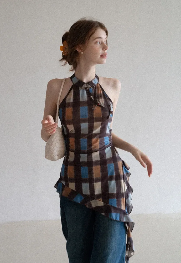 Women’s Plaid Frog-Button Handkerchief-Hem Halter Top