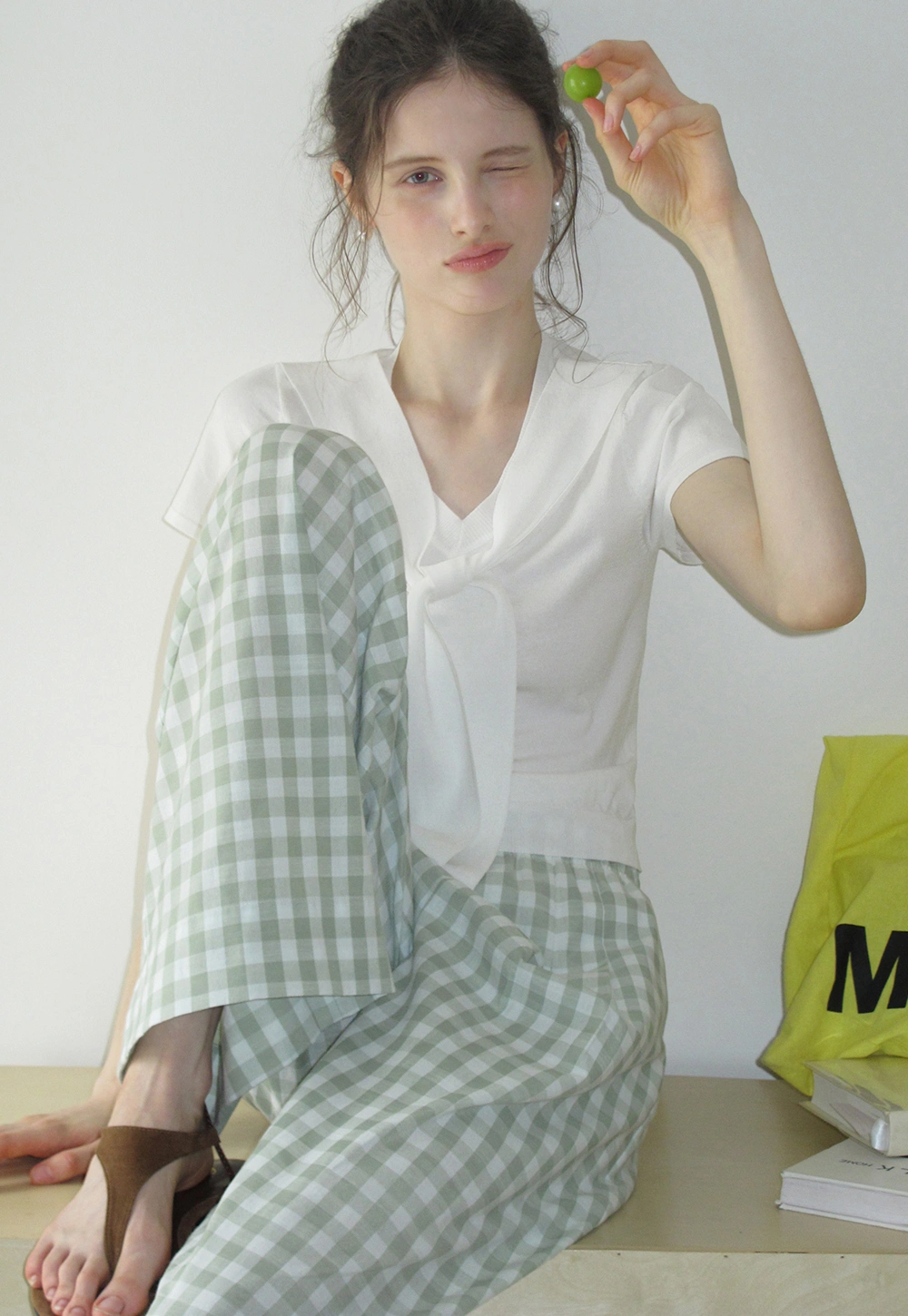 Women's Short Sleeve Knit Top with Scarf Tie Front 