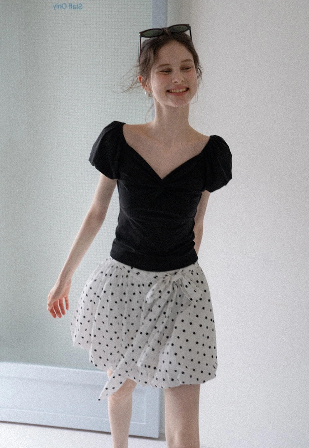 Women's Polka Dot High Waist Mini Skirt with Bow Tie