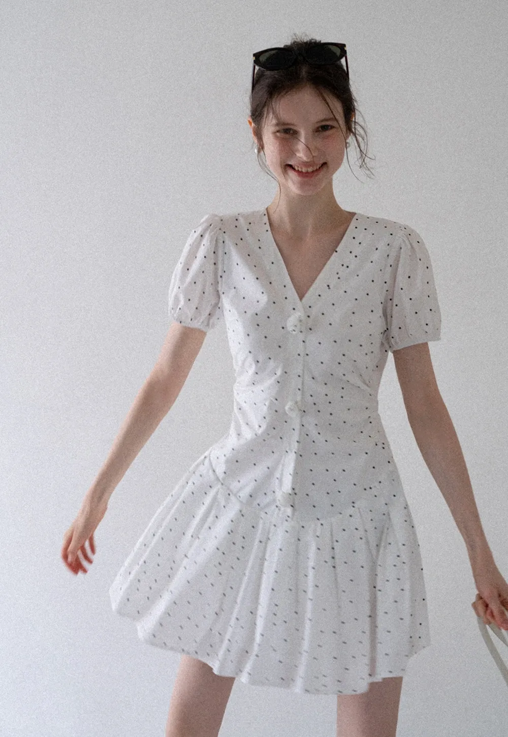 Women’s Polka Dot Ruched Button Mini Dress