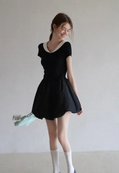 Contrast Collar Puff Sleeve Mini Dress