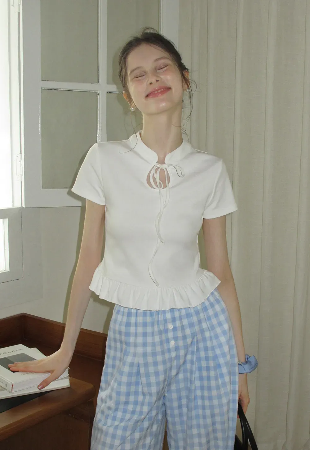 Bow Tie Ruffle Hem T-Shirt