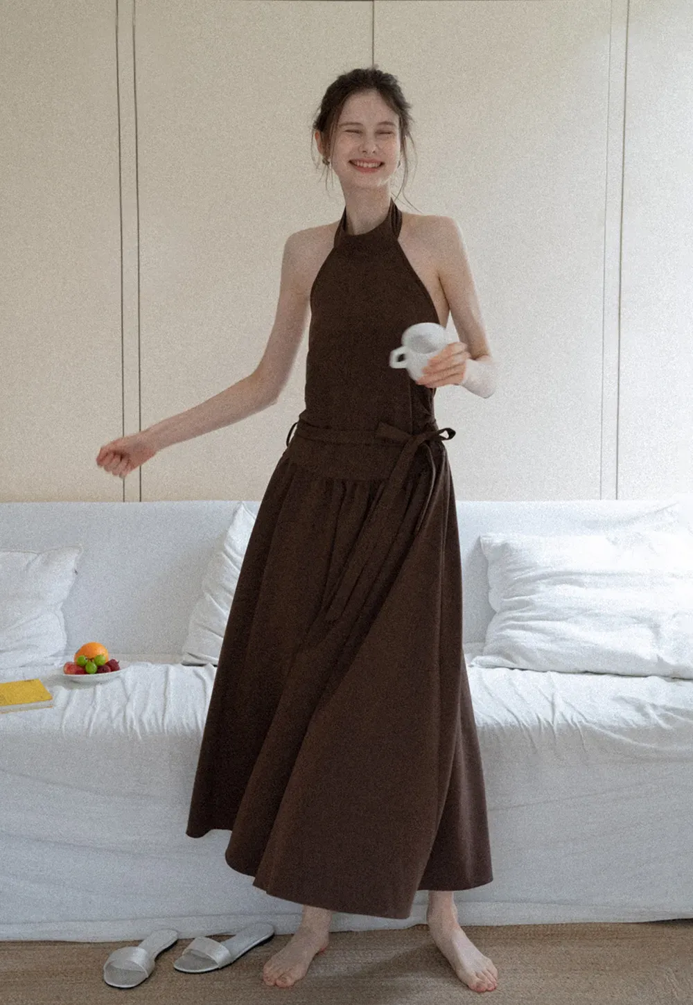Halter Neck Midi Dress with Waist Tie
