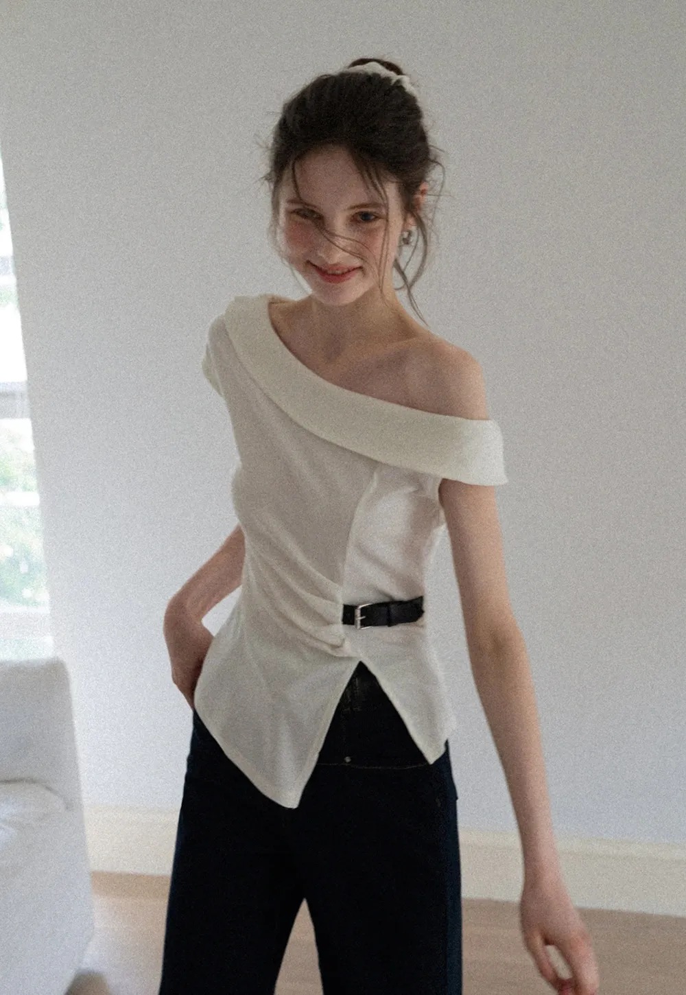 Belted Asymmetric Off-Shoulder Top