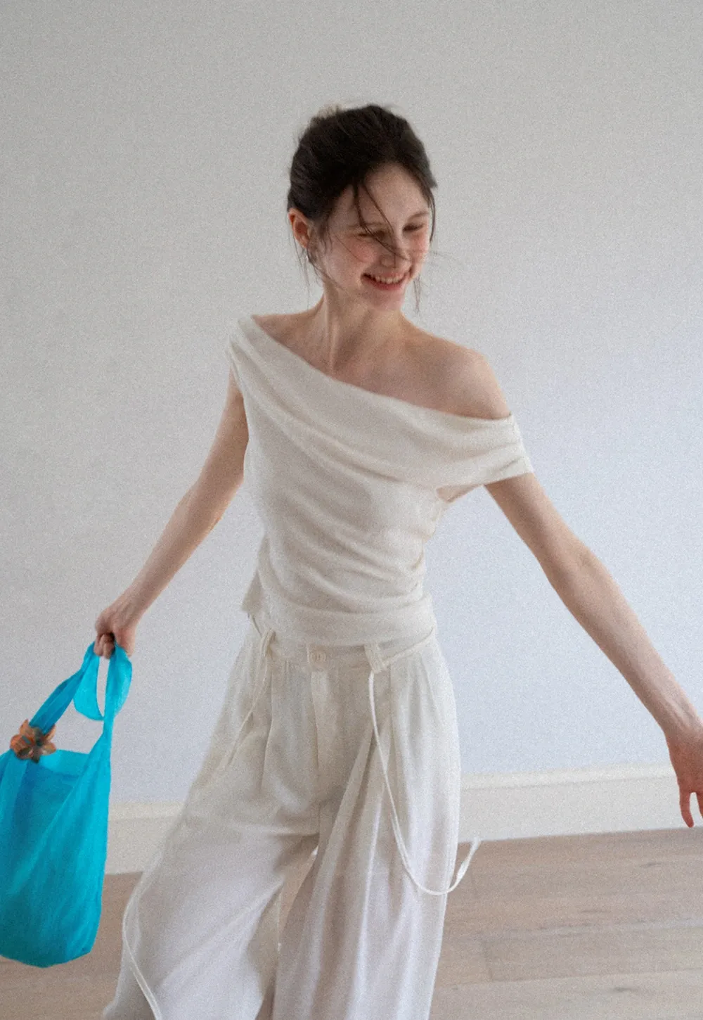 Off-Shoulder Fold-over Top + Pleated Tie-Waist Trousers