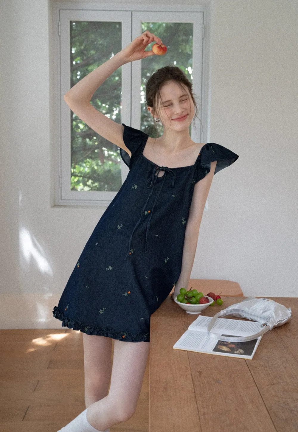 Flutter-Sleeve Floral Tie-Front Mini Dress