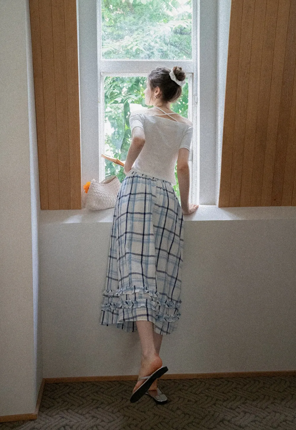 Blue-Check Ruffled Hem Midi Skirt
