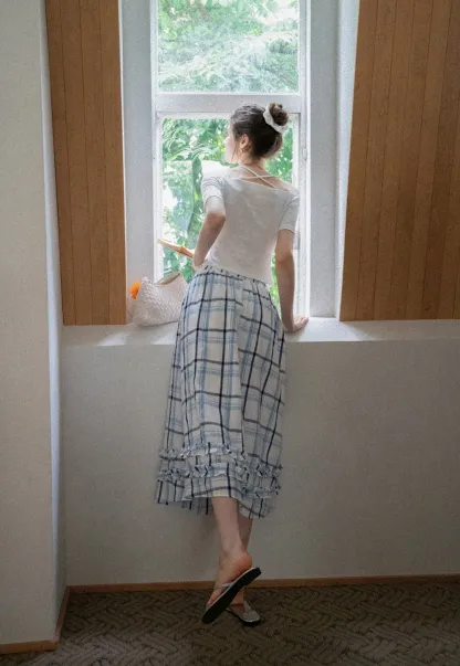 Blue-Check Ruffled Hem Midi Skirt