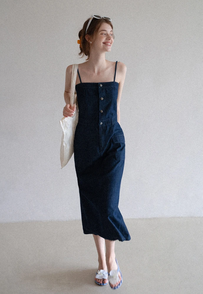 Button-Front Cargo Pocket Denim Dress
