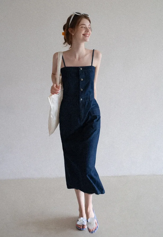 Button-Front Cargo Pocket Denim Dress