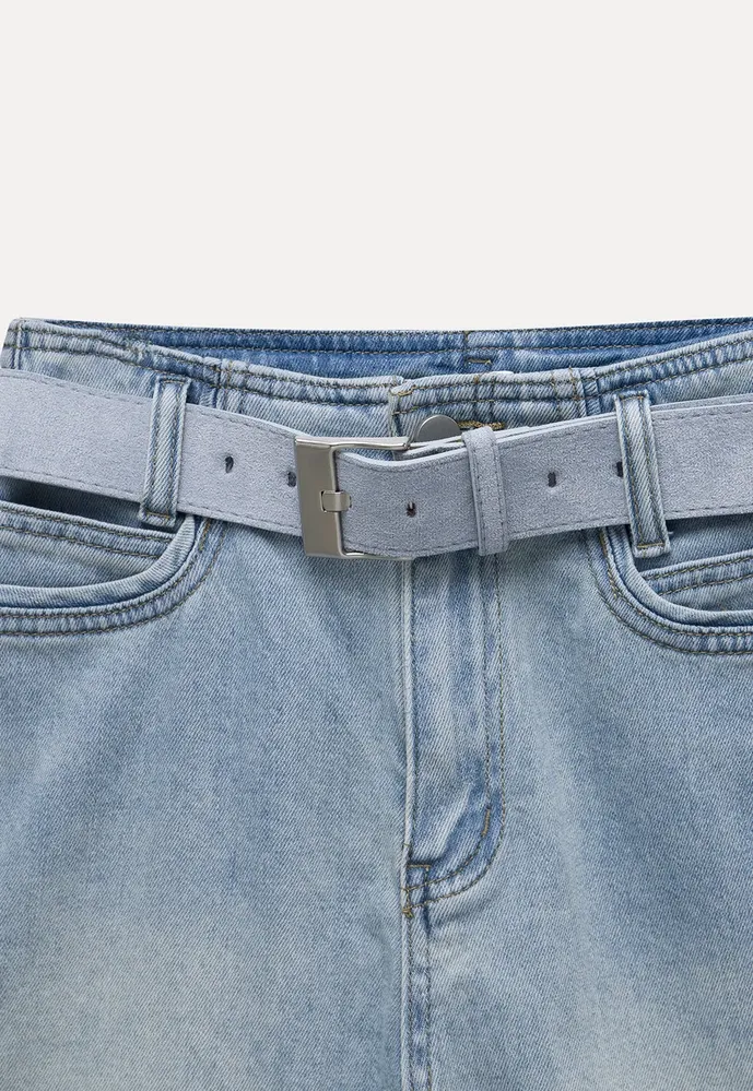 Belted High-Waist Denim Shorts