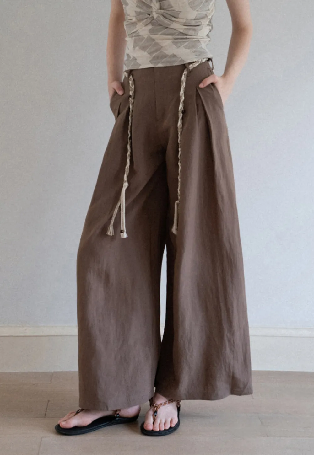 Wide Leg Pants with Braided Rope Belt