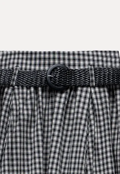 Belted Gingham Pleated Midi Skirt