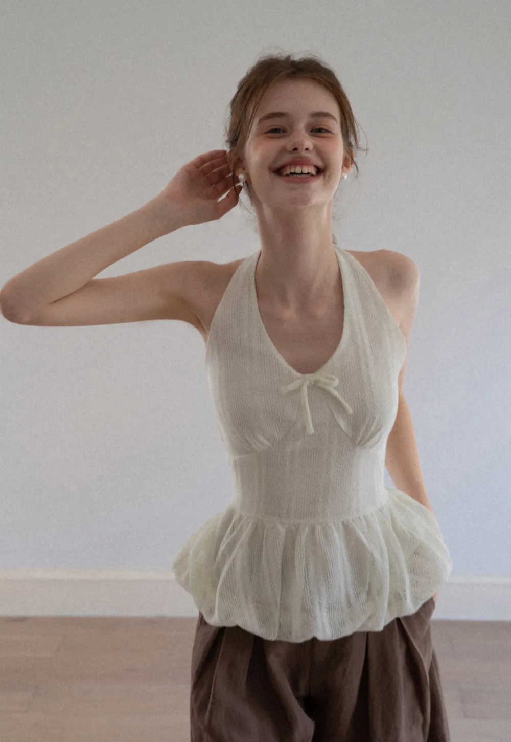 Knit Halter Peplum Top with Tie Front