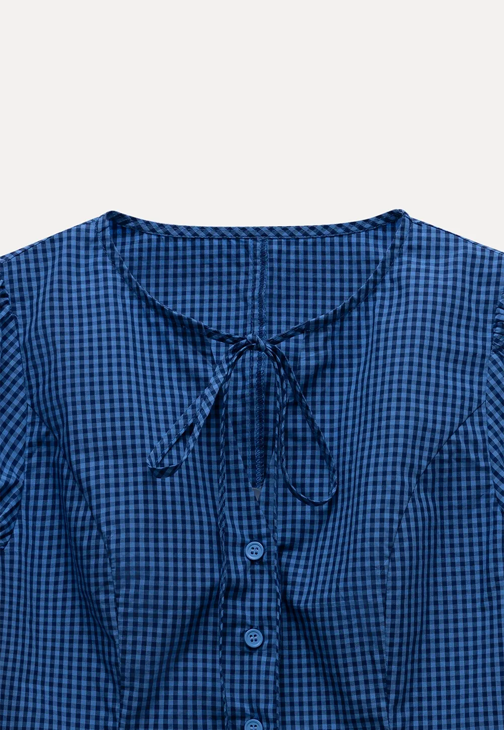 Gingham Puff Sleeve Blouse with Tie Neck