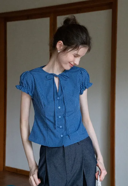Gingham Puff Sleeve Blouse with Tie Neck