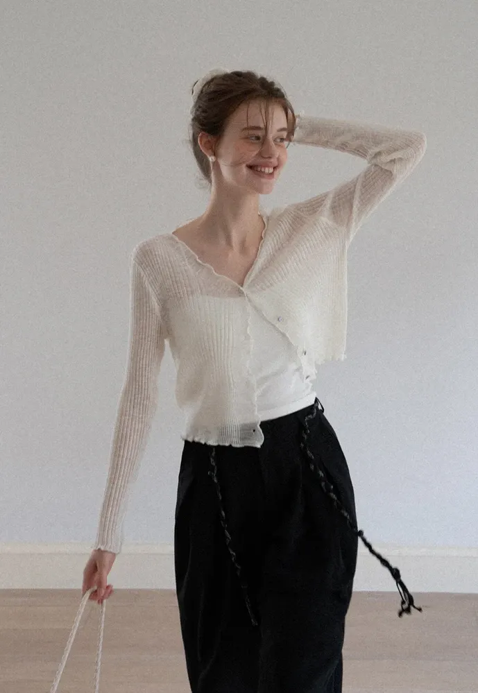 Women Ruffle Ribbed Knit Button Cardigan