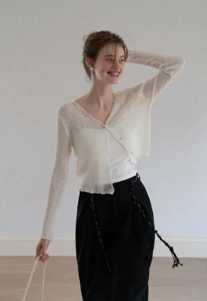 Women Ruffle Ribbed Knit Button Cardigan