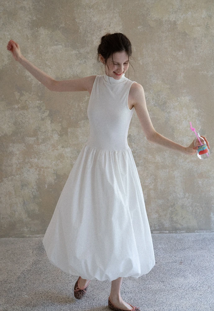 Women Sleeveless High-Neck Bubble Hem Midi Dress