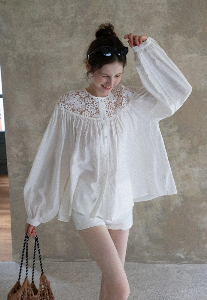 Women Lace Yoke Bishop Sleeve Button Down Blouse