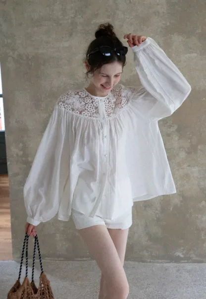 Women Lace Yoke Bishop Sleeve Button Down Blouse