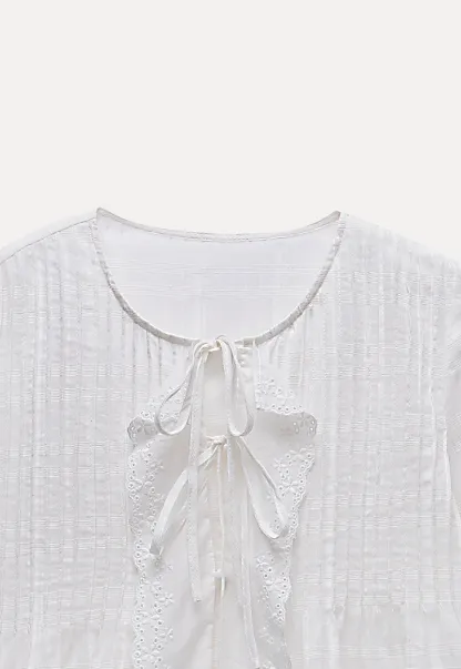 Women's Sheer Lace Tie Front Long Sleeve Blouse