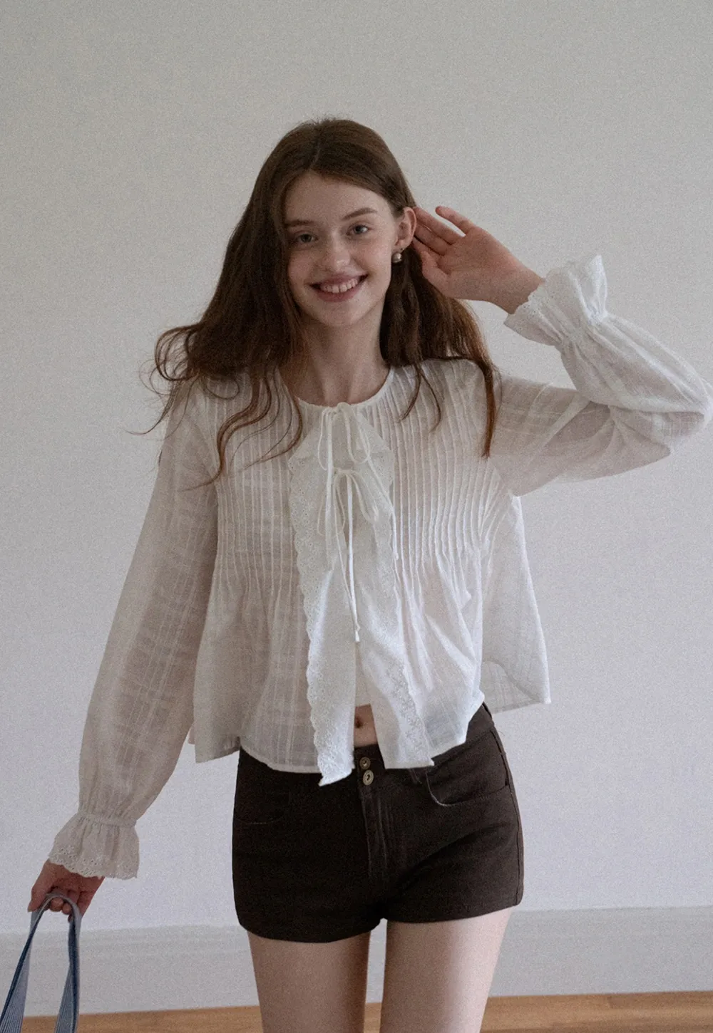 Women's Sheer Lace Tie Front Long Sleeve Blouse