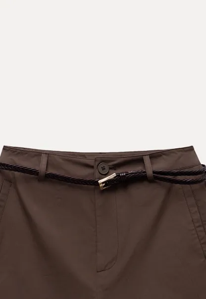 Women High Waist Belted Cuffed Chino Shorts with Pocke