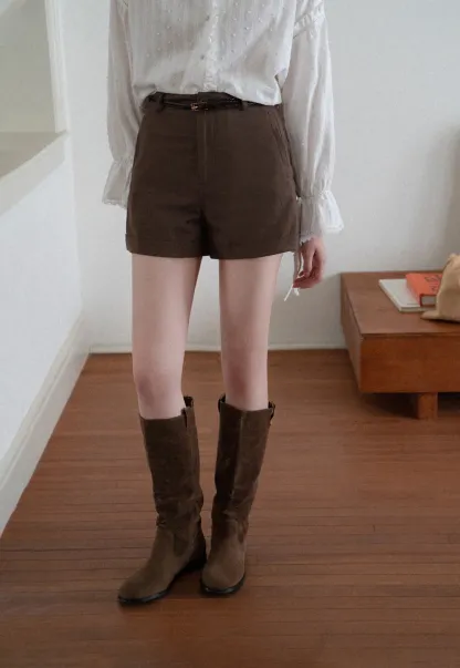Women High Waist Belted Cuffed Chino Shorts with Pocke