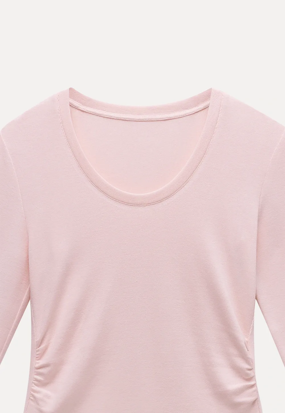 Women Long Sleeve Side Ruched Scoop Neck Crop Top