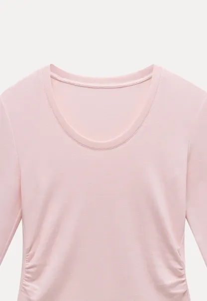 Women Long Sleeve Side Ruched Scoop Neck Crop Top